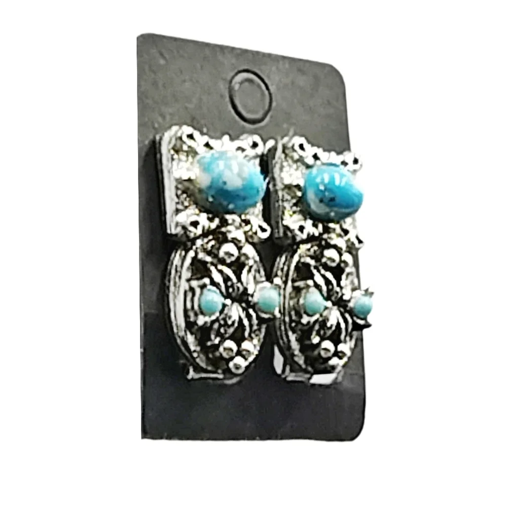 Silver Tone Blue Stone Clip On Earrings Ornate Floral Design 1”